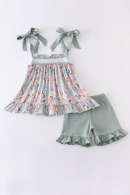 Green floral print lace girl set