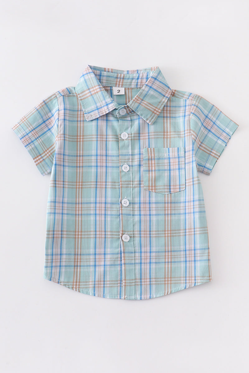 Turquoise plaid button down boy shirt