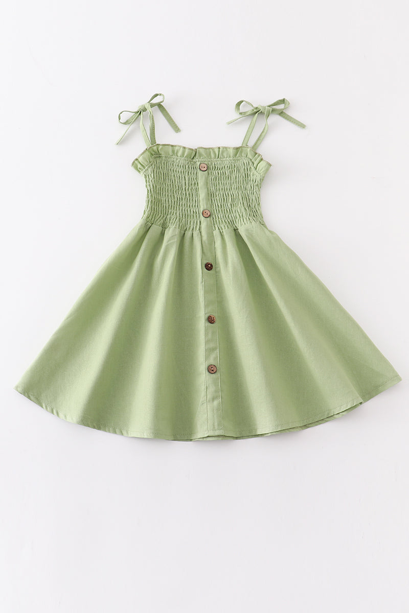 Green smocked strap button dress