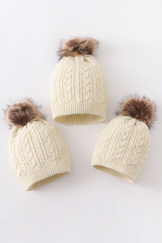 Cream cable knit pom pom beanie hat baby toddler adult