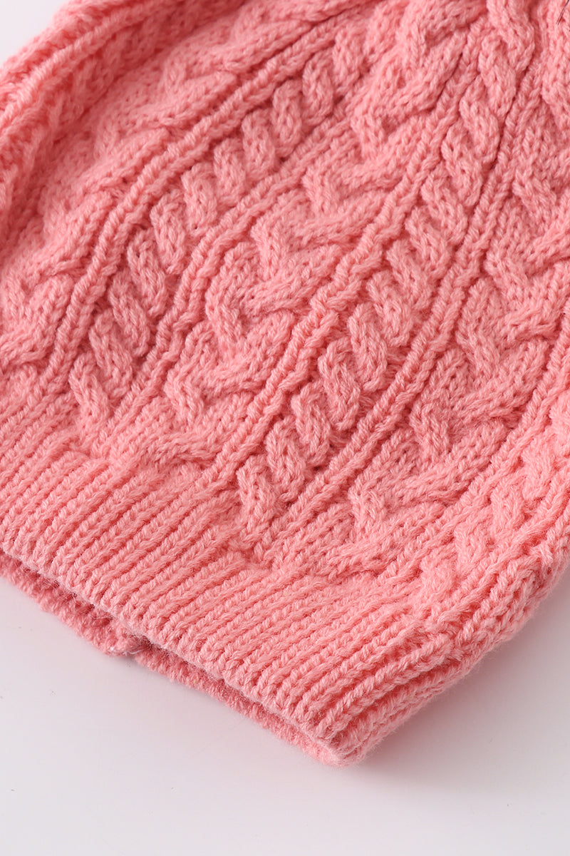 Bubblegum pink cable knit pom pom beanie hat baby toddler adult