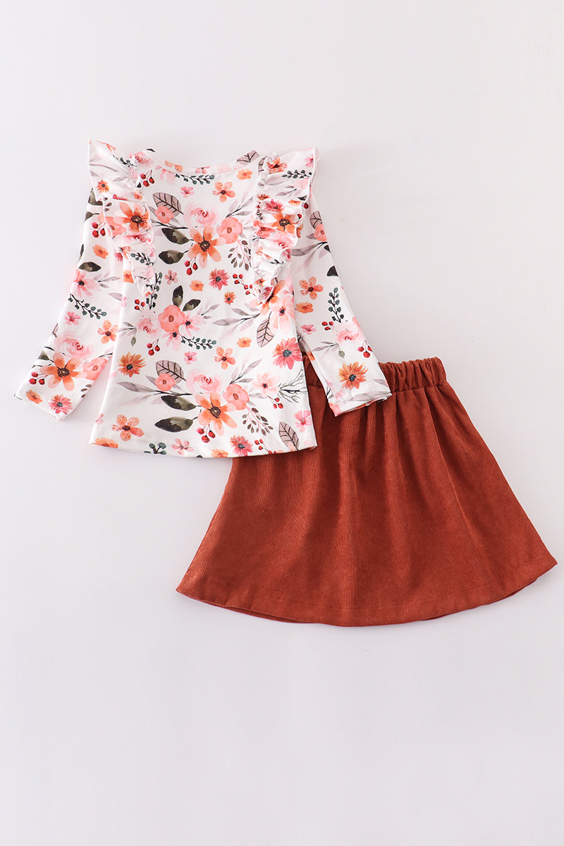 Brown floral ruffle skirt set