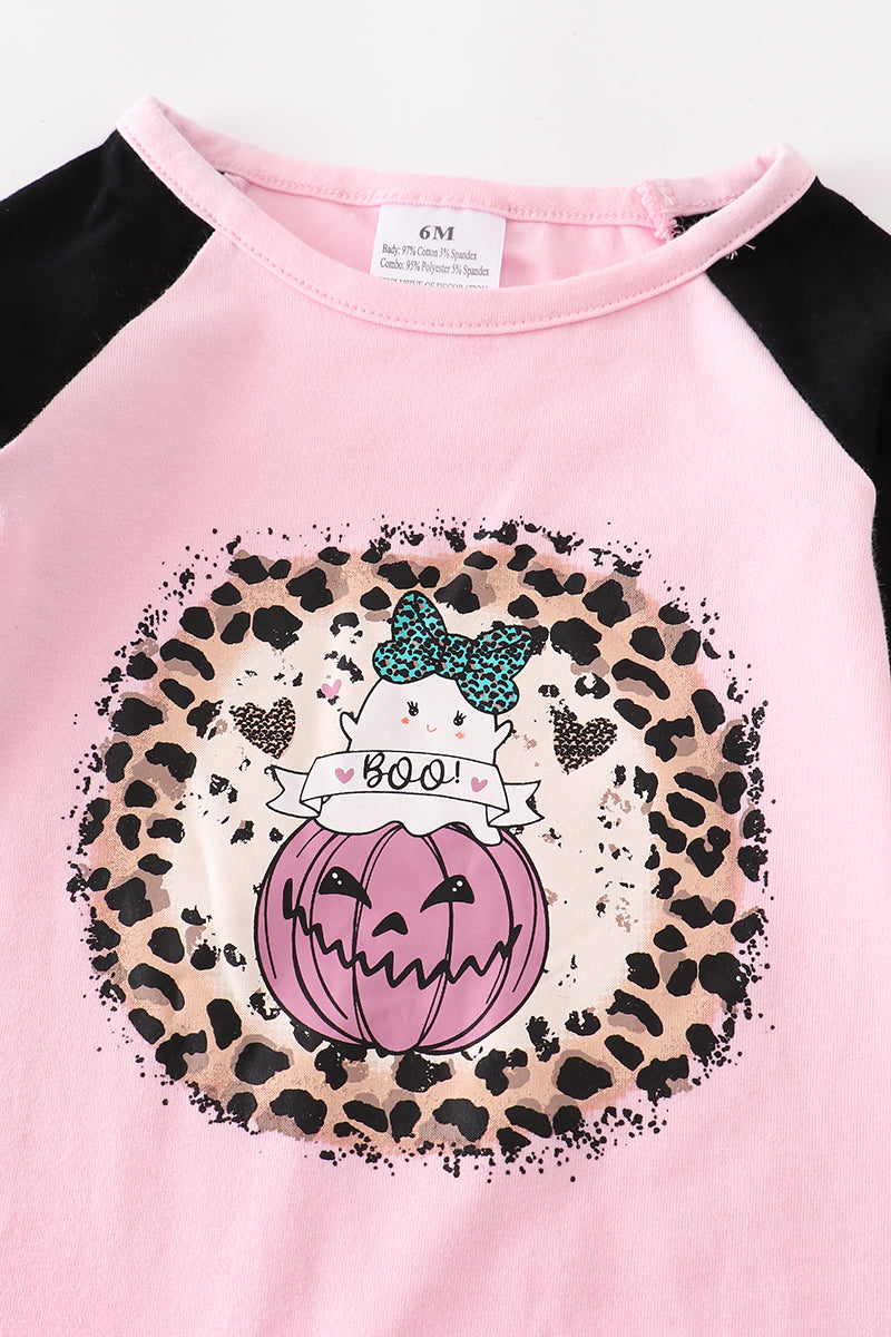 Pink ghost leopard pumpkin ruffle baby romper