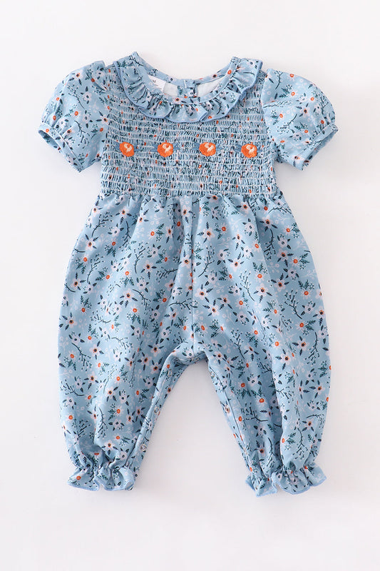 Blue floral smocked  puff sleeve ruffle baby romper
