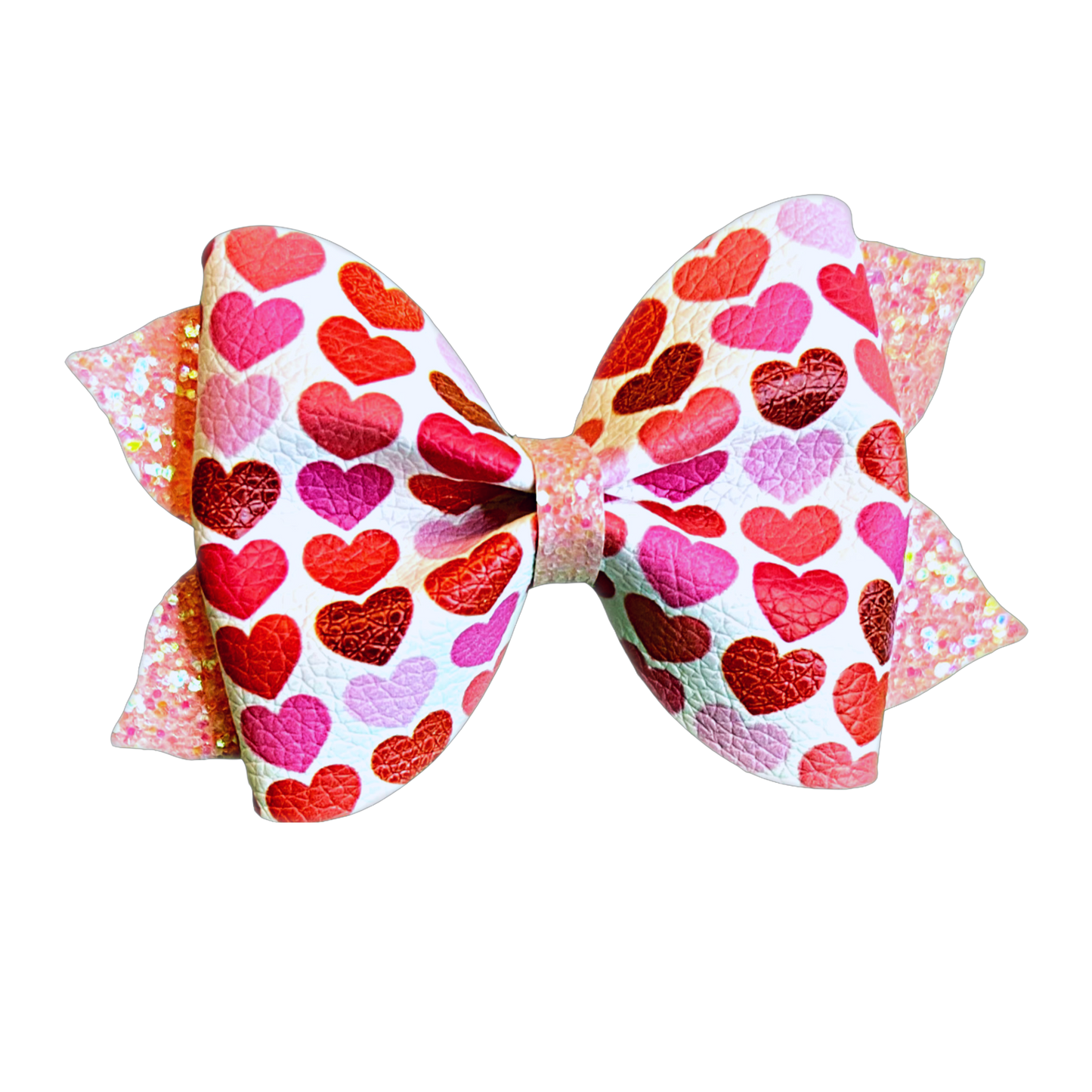 Valentines Multi Color Hearts Pink Glitter Tails -  Leather Girls Hair Bow on Clip