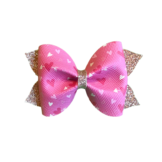 Valentines Pink with Hearts Rose Gold Glitter Tails -  Leather Girls Hair Bow on Clip