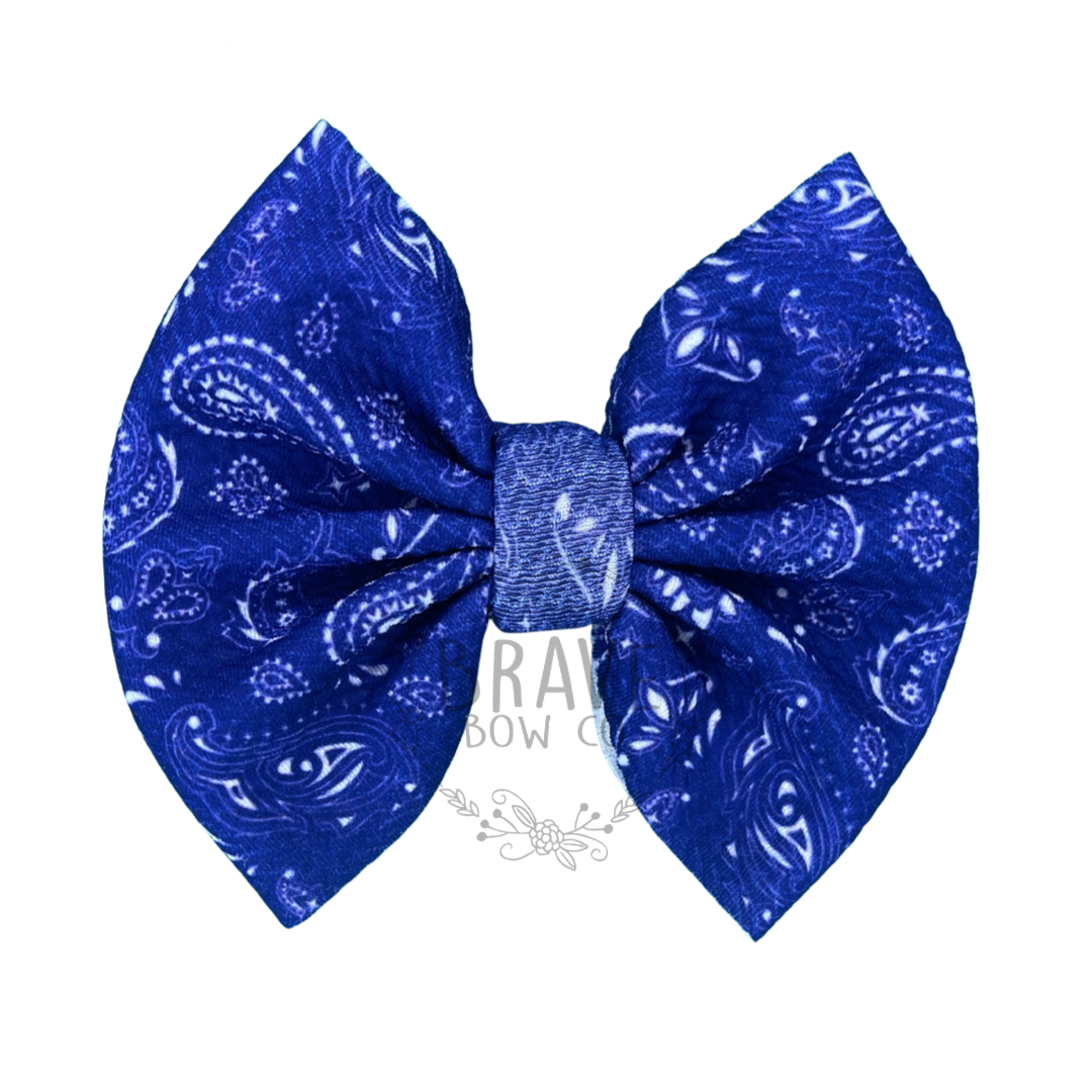 Blue Paisley Hair Bow - Clip or Nylon